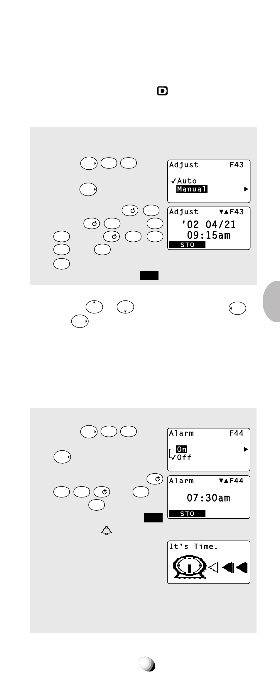 Clock adjustment (f43), Clock alarm (f44), 30am | Scroll to “ manual ” and press, Enter the year, Month, Time, For a.m. (or, For p.m.) 4. press the key under, Scroll to “ on ” and press | Audiovox 9155-GPX User Manual | Page 79 / 107