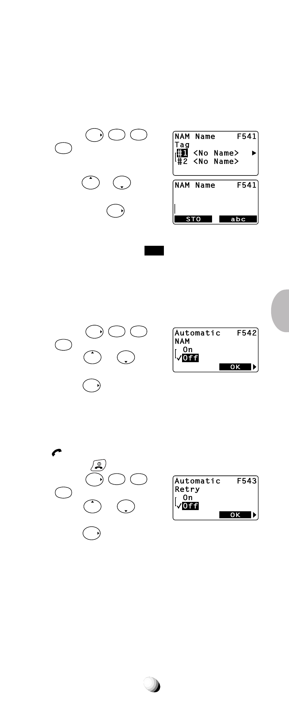 Nam name display (f54-1), Automatic nam (f54-2), Automatic retry (f54-3) | Press or to select the other nam. then press, Press or to turn this feature on/off. 3. press | Audiovox 9155-GPX User Manual | Page 83 / 107