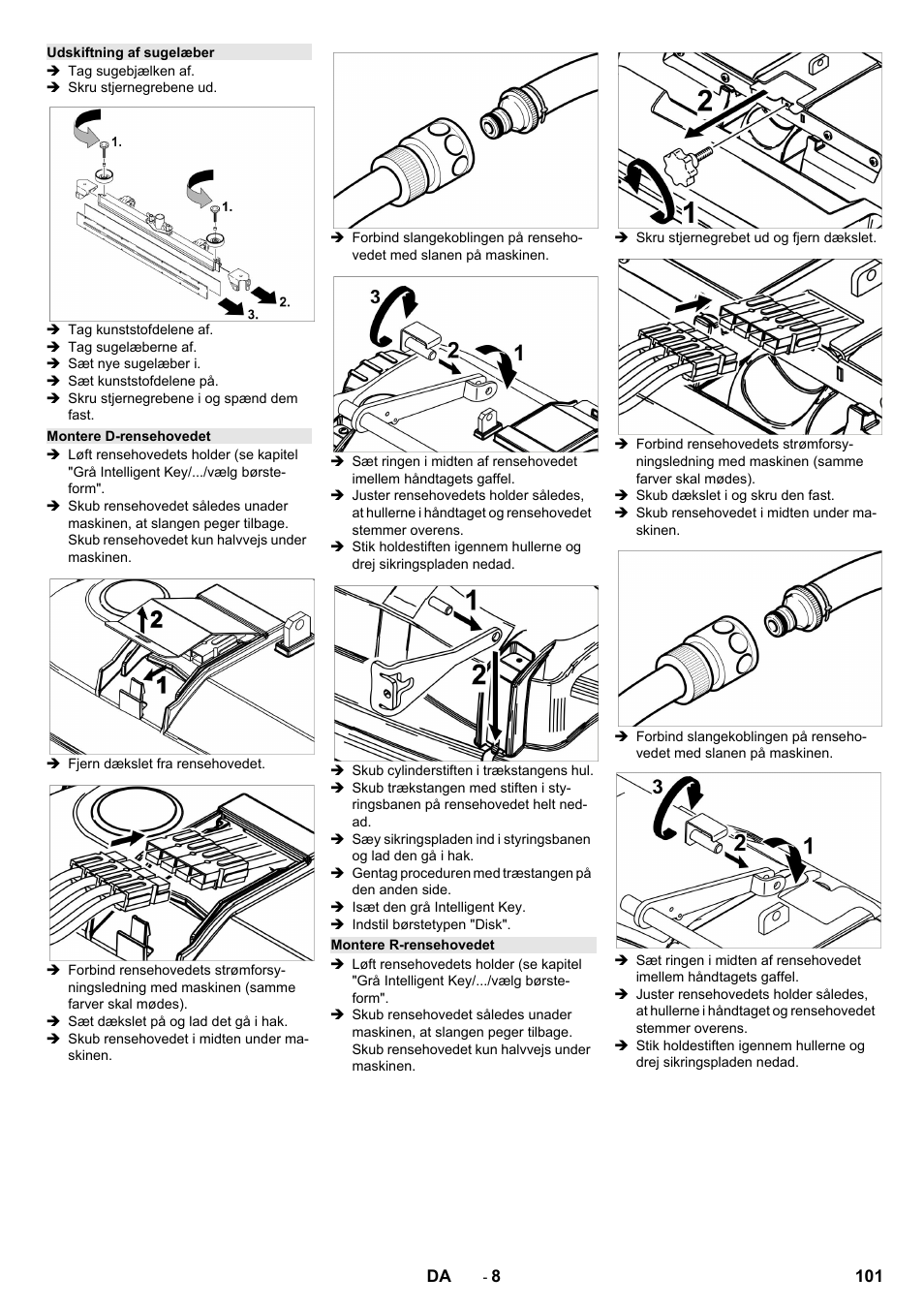 Udskiftning af sugelæber, Montere d-rensehovedet, Montere r-rensehovedet | Karcher B 150 R Bp Dose User Manual | Page 101 / 376