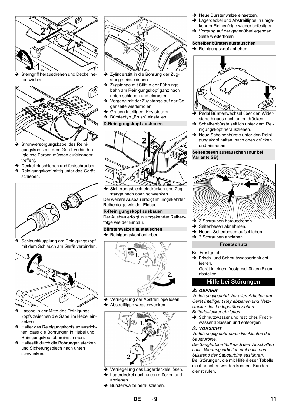 D-reinigungskopf ausbauen, R-reinigungskopf ausbauen, Bürstenwalzen austauschen | Scheibenbürsten austauschen, Seitenbesen austauschen (nur bei variante sb), Frostschutz, Hilfe bei störungen | Karcher B 150 R Bp Dose User Manual | Page 11 / 376
