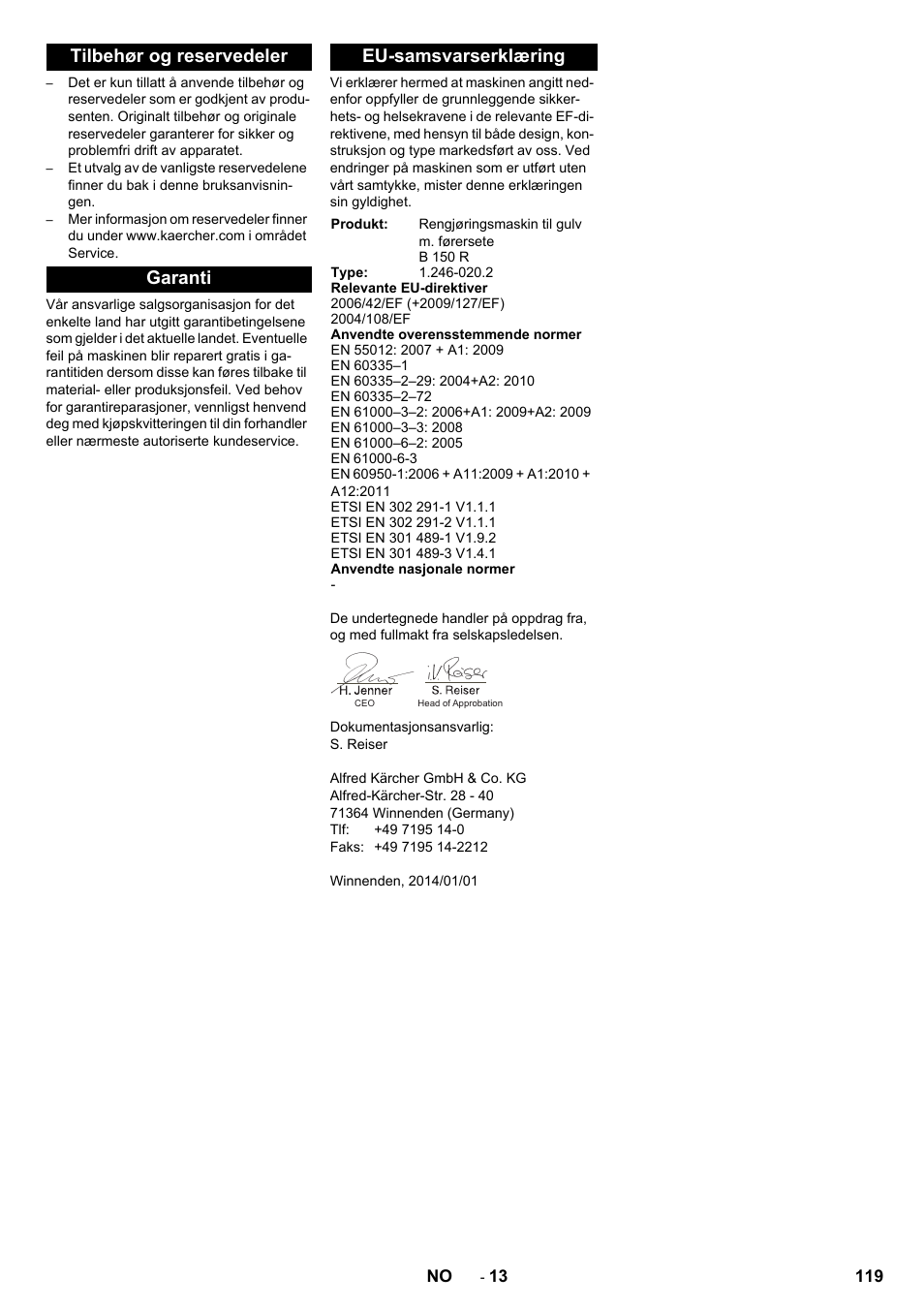 Tilbehør og reservedeler, Garanti, Eu-samsvarserklæring | Karcher B 150 R Bp Dose User Manual | Page 119 / 376