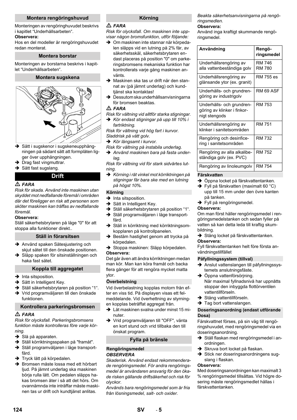 Montera rengöringshuvud, Montera borstar, Montera sugskena | Drift, Ställ in förarsitsen, Koppla till aggregatet, Kontrollera parkeringsbromsen, Körning, Överbelstning, Fylla på bränsle | Karcher B 150 R Bp Dose User Manual | Page 124 / 376