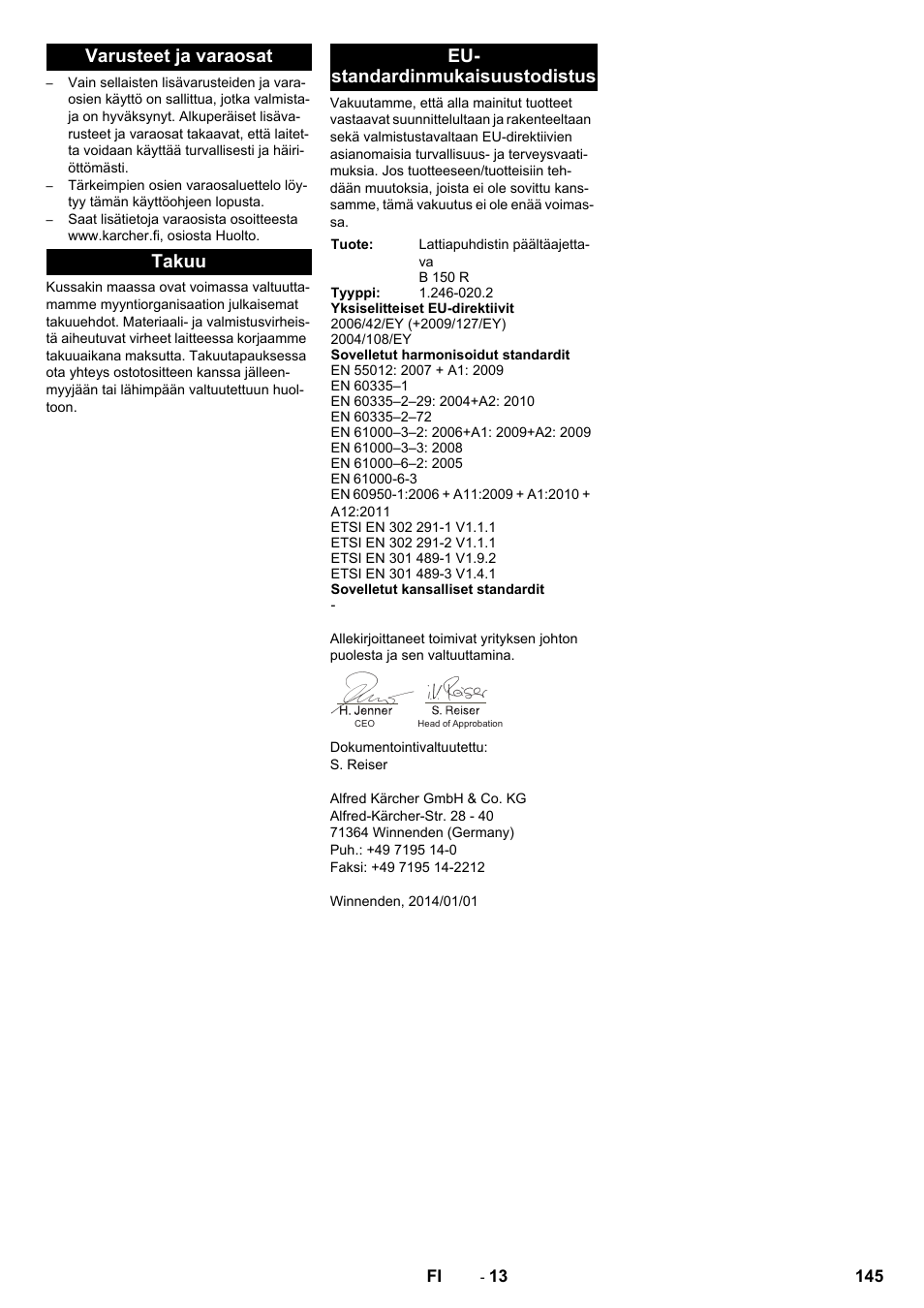 Varusteet ja varaosat, Takuu, Eu- standardinmukaisuustodistus | Karcher B 150 R Bp Dose User Manual | Page 145 / 376