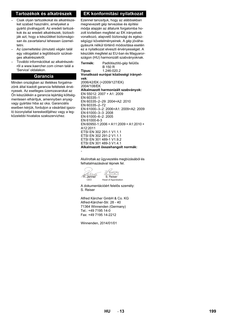 Tartozékok és alkatrészek, Garancia, Ek konformitási nyilatkozat | Karcher B 150 R Bp Dose User Manual | Page 199 / 376