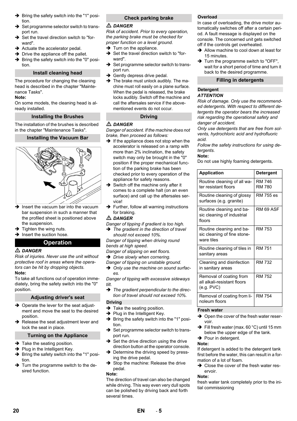 Install cleaning head, Installing the brushes, Installing the vacuum bar | Operation, Adjusting driver's seat, Turning on the appliance, Check parking brake, Driving, Overload, Filling in detergents | Karcher B 150 R Bp Dose User Manual | Page 20 / 376