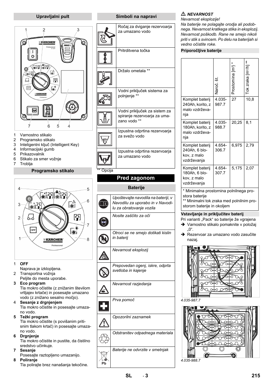 Upravljalni pult, Programsko stikalo, Simboli na napravi | Pred zagonom, Baterije, Priporočljive baterije, Vstavljanje in priključitev baterij | Karcher B 150 R Bp Dose User Manual | Page 215 / 376