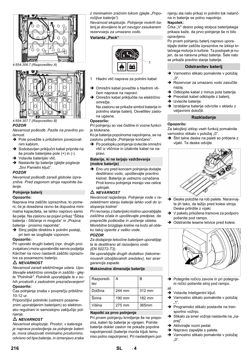 Polnjenje baterij, Varianta „pack, Maksimalne dimenzije baterije | Napotki za prvo polnjenje, Odstranitev baterij, Razkladanje | Karcher B 150 R Bp Dose User Manual | Page 216 / 376