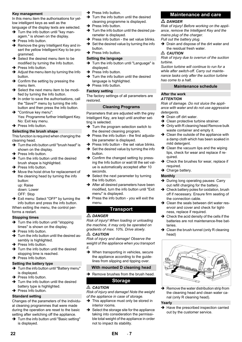 Key management, Selecting the brush shape, Stopping times | Setting the battery type, Standard setting, Setting the language, Factory setting, Cleaning programs, Transport, With mounted d cleaning head | Karcher B 150 R Bp Dose User Manual | Page 22 / 376