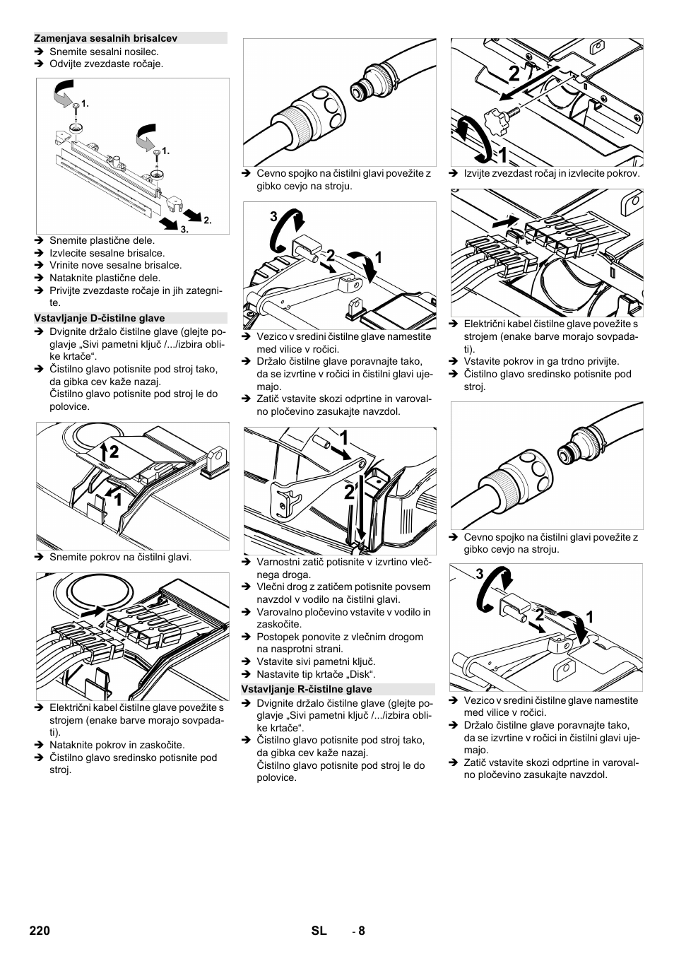 Zamenjava sesalnih brisalcev, Vstavljanje d-čistilne glave, Vstavljanje r-čistilne glave | Karcher B 150 R Bp Dose User Manual | Page 220 / 376