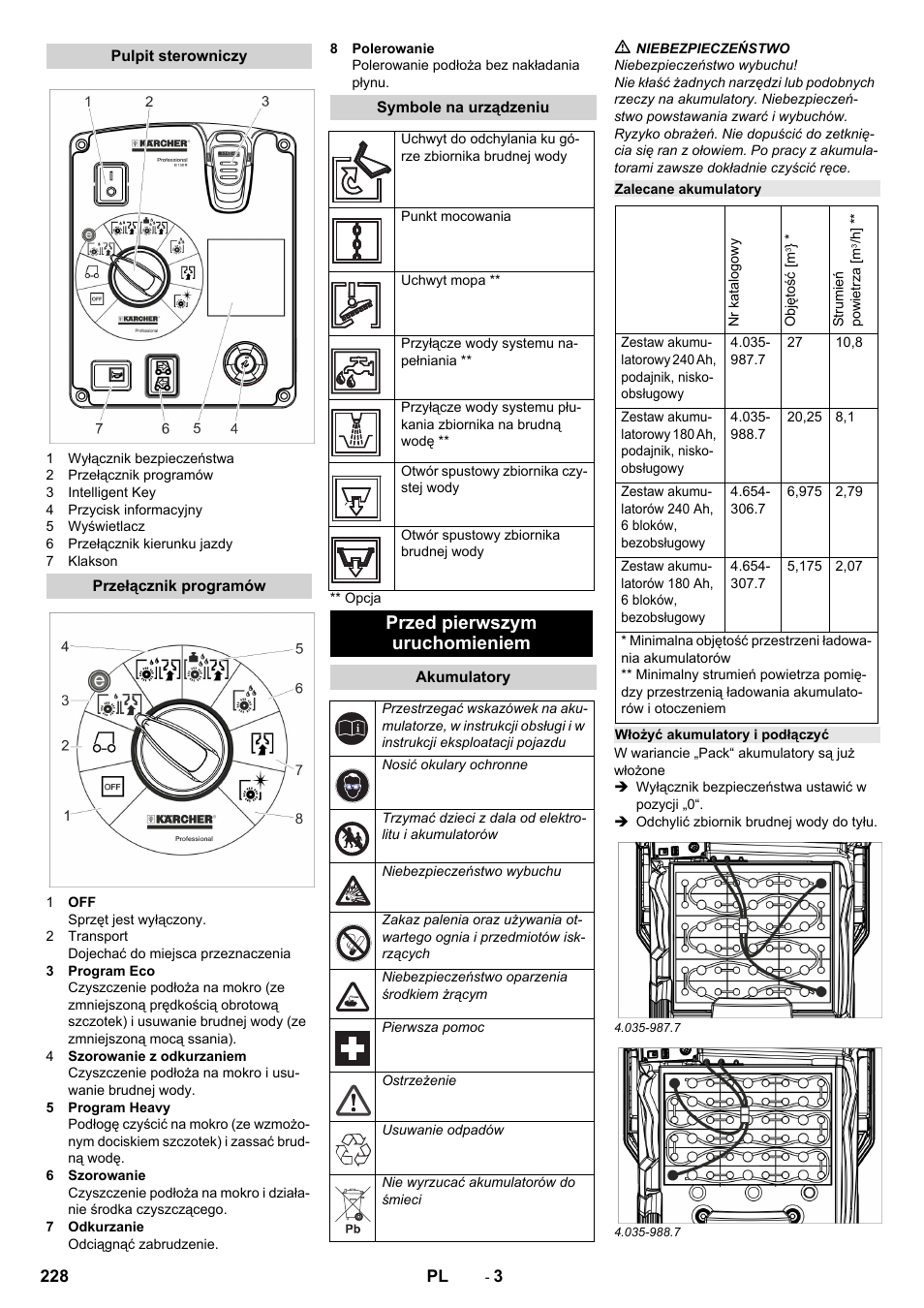 Pulpit sterowniczy, Przełącznik programów, Symbole na urządzeniu | Przed pierwszym uruchomieniem, Akumulatory, Zalecane akumulatory, Włożyć akumulatory i podłączyć | Karcher B 150 R Bp Dose User Manual | Page 228 / 376