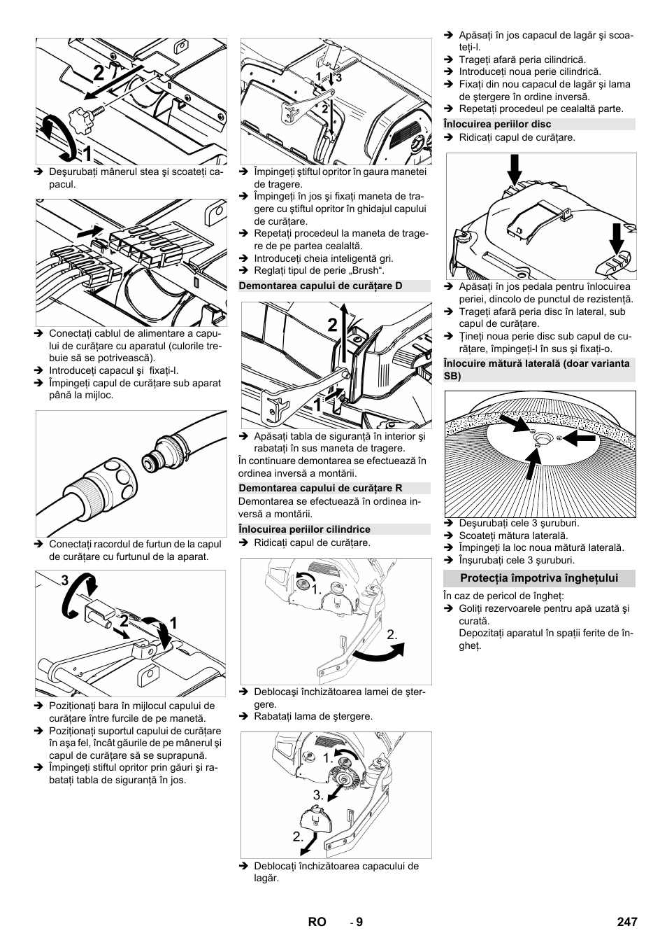 Demontarea capului de curăţare d, Demontarea capului de curăţare r, Înlocuirea periilor cilindrice | Înlocuirea periilor disc, Înlocuire mătură laterală (doar varianta sb), Protecţia împotriva îngheţului | Karcher B 150 R Bp Dose User Manual | Page 247 / 376