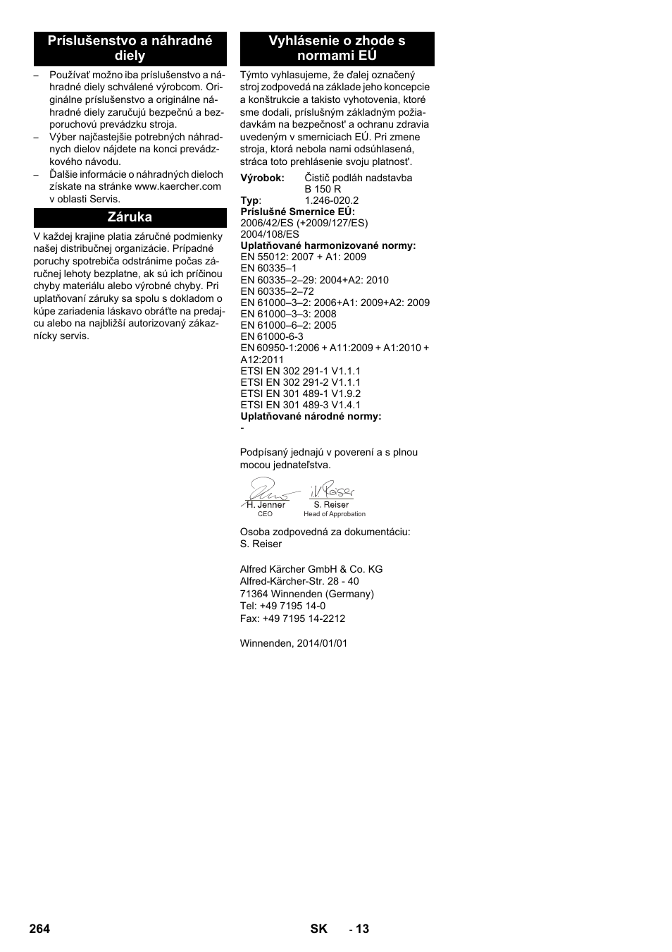 Príslušenstvo a náhradné diely, Záruka, Vyhlásenie o zhode s normami eú | Karcher B 150 R Bp Dose User Manual | Page 264 / 376