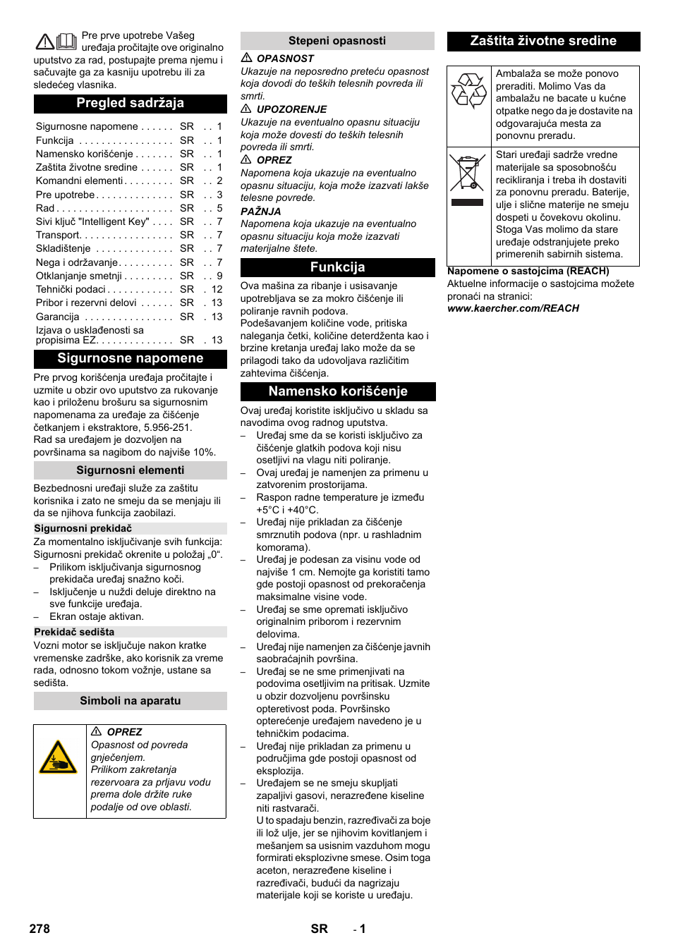 Srpski, Pregled sadržaja, Sigurnosne napomene | Sigurnosni elementi, Sigurnosni prekidač, Prekidač sedišta, Simboli na aparatu, Stepeni opasnosti, Funkcija, Namensko korišćenje | Karcher B 150 R Bp Dose User Manual | Page 278 / 376