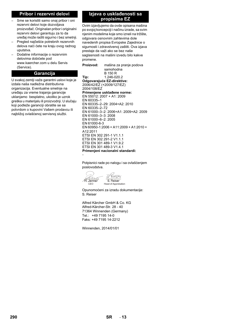 Pribor i rezervni delovi, Garancija, Izjava o usklađenosti sa propisima ez | Karcher B 150 R Bp Dose User Manual | Page 290 / 376