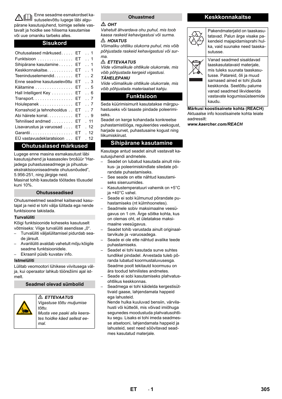 Eesti, Sisukord, Ohutusalased märkused | Ohutusseadised, Turvalüliti, Istmelüliti, Seadmel olevad sümbolid, Ohuastmed, Funktsioon, Sihipärane kasutamine | Karcher B 150 R Bp Dose User Manual | Page 305 / 376