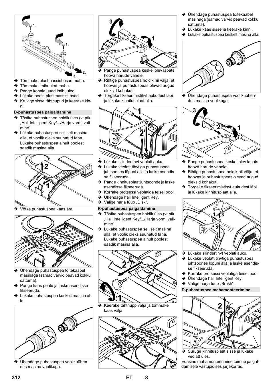 D-puhastuspea paigaldamine, R-puhastuspea paigaldamine, D-puhastuspea mahamonteerimine | Karcher B 150 R Bp Dose User Manual | Page 312 / 376