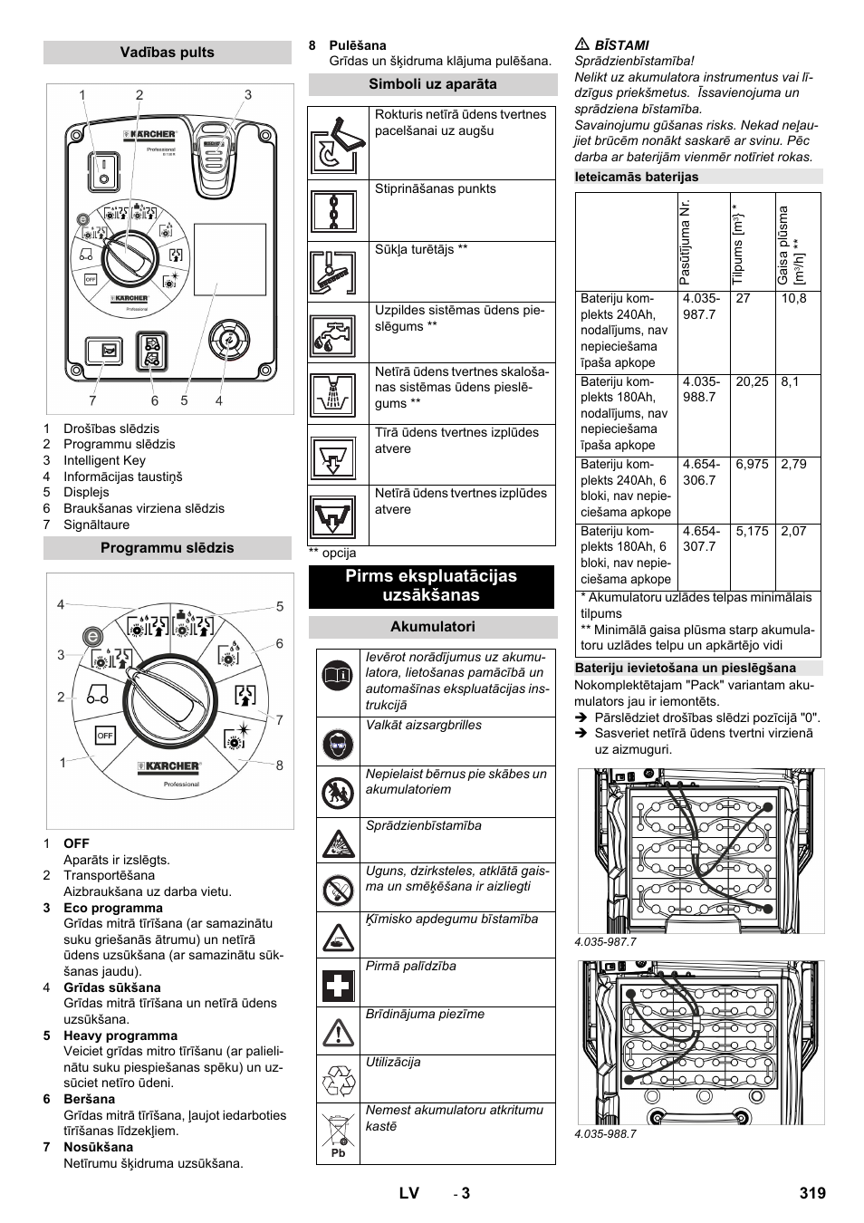 Vadības pults, Programmu slēdzis, Simboli uz aparāta | Pirms ekspluatācijas uzsākšanas, Akumulatori, Ieteicamās baterijas, Bateriju ievietošana un pieslēgšana | Karcher B 150 R Bp Dose User Manual | Page 319 / 376