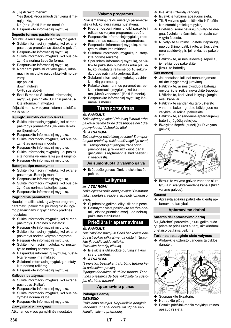 Šepečio formos pasirinkimas, Išjungto siurblio veikimo laikas, Baterijos tipo nustatymas | Pagrindinis parametras, Kalbos nustatymas, Gamykliniai nustatymai, Valymo programos, Transportavimas, Jei sumontuota d valymo galva, Laikymas | Karcher B 150 R Bp Dose User Manual | Page 336 / 376