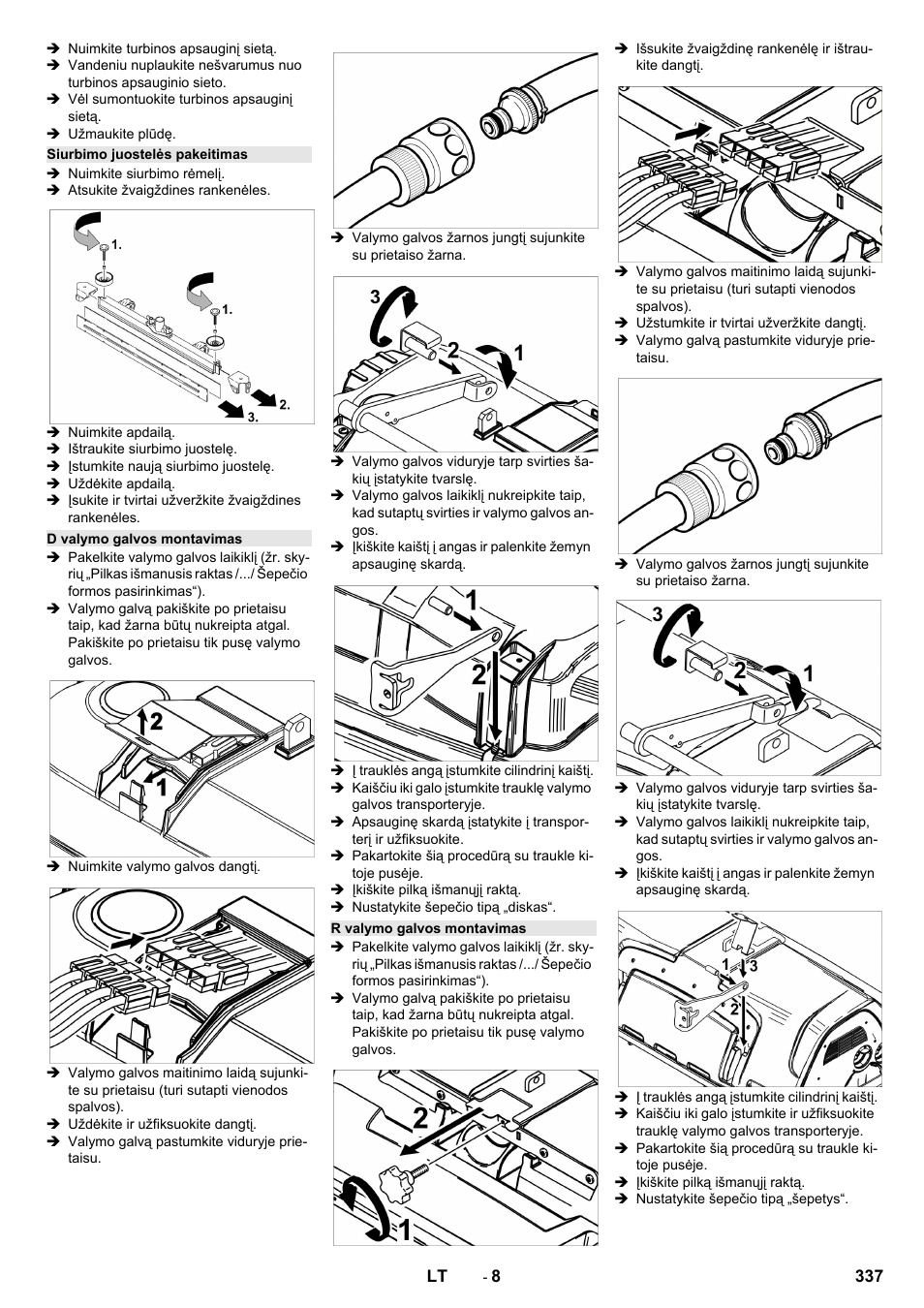 Siurbimo juostelės pakeitimas, D valymo galvos montavimas, R valymo galvos montavimas | Karcher B 150 R Bp Dose User Manual | Page 337 / 376