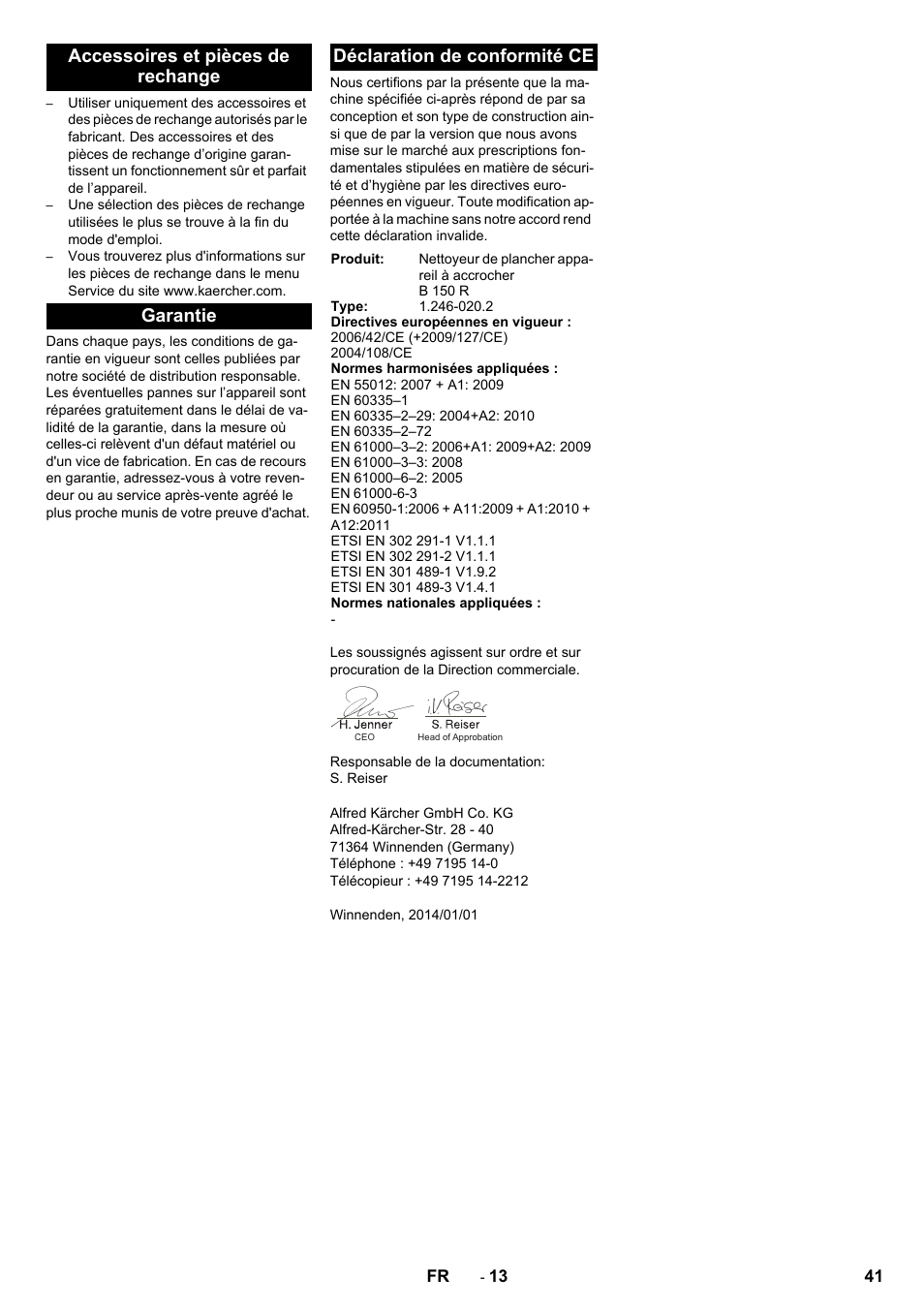 Accessoires et pièces de rechange, Garantie, Déclaration de conformité ce | Karcher B 150 R Bp Dose User Manual | Page 41 / 376