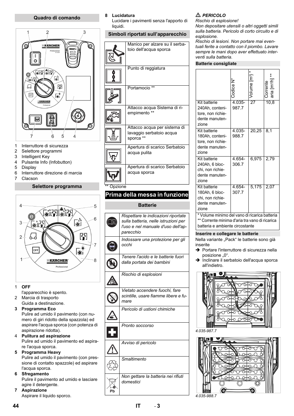 Quadro di comando, Selettore programma, Simboli riportati sull’apparecchio | Prima della messa in funzione, Batterie, Batterie consigliate, Inserire e collegare le batterie | Karcher B 150 R Bp Dose User Manual | Page 44 / 376