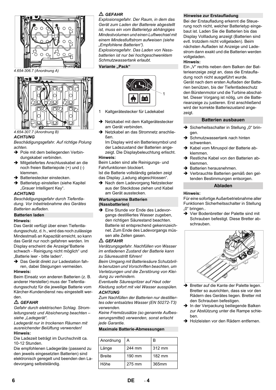 Batterien laden, Variante „pack, Wartungsarme batterien (nassbatterien) | Maximale batterie-abmessungen, Hinweise zur erstaufladung, Batterien ausbauen, Abladen | Karcher B 150 R Bp Dose User Manual | Page 6 / 376