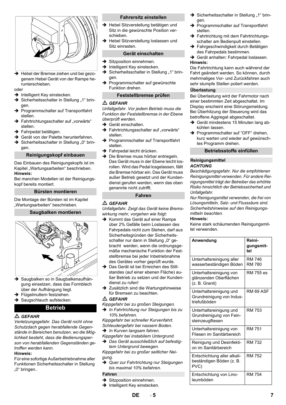 Reinigungskopf einbauen, Bürsten montieren, Saugbalken montieren | Betrieb, Fahrersitz einstellen, Gerät einschalten, Feststellbremse prüfen, Fahren, Überlastung, Betriebsstoffe einfüllen | Karcher B 150 R Bp Dose User Manual | Page 7 / 376