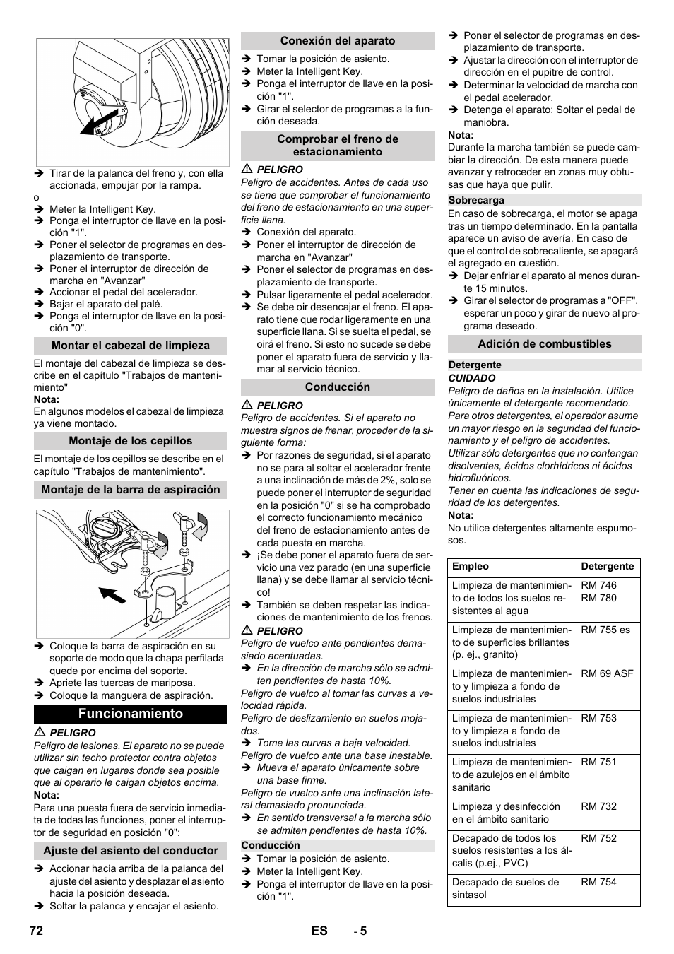 Montar el cabezal de limpieza, Montaje de los cepillos, Montaje de la barra de aspiración | Funcionamiento, Ajuste del asiento del conductor, Conexión del aparato, Comprobar el freno de estacionamiento, Conducción, Sobrecarga, Adición de combustibles | Karcher B 150 R Bp Dose User Manual | Page 72 / 376