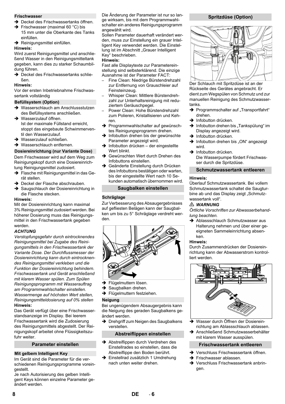 Frischwasser, Befüllsystem (option), Dosiereinrichtung (nur variante dose) | Parameter einstellen, Mit gelbem intelligent key, Saugbalken einstellen, Schräglage, Neigung, Abstreiflippen einstellen, Spritzdüse (option) | Karcher B 150 R Bp Dose User Manual | Page 8 / 376