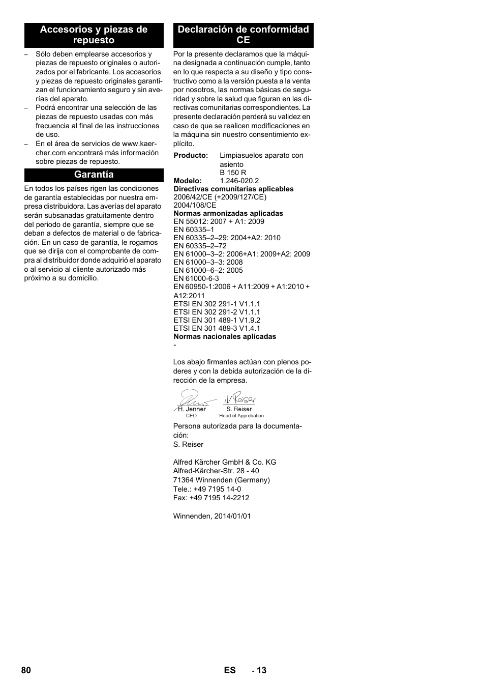 Accesorios y piezas de repuesto, Garantía, Declaración de conformidad ce | Karcher B 150 R Bp Dose User Manual | Page 80 / 376