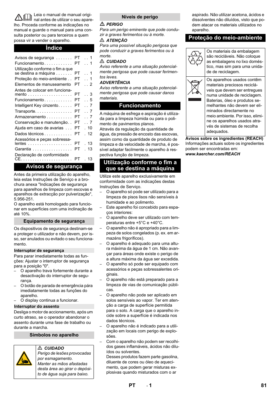 Português, Índice, Avisos de segurança | Equipamento de segurança, Interruptor de segurança, Interruptor do assento, Símbolos no aparelho, Níveis de perigo, Funcionamento, Proteção do meio-ambiente | Karcher B 150 R Bp Dose User Manual | Page 81 / 376