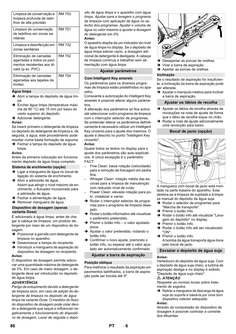 Água limpa, Sistema de enchimento (opção), Dispositivo de dosagem (apenas variante dose) | Ajustar parâmetros, Com intelligent key amarelo, Ajustar a barra de aspiração, Posição oblíqua, Inclinação, Ajustar os lábios de recolha, Bocal de jacto (opção) | Karcher B 150 R Bp Dose User Manual | Page 86 / 376