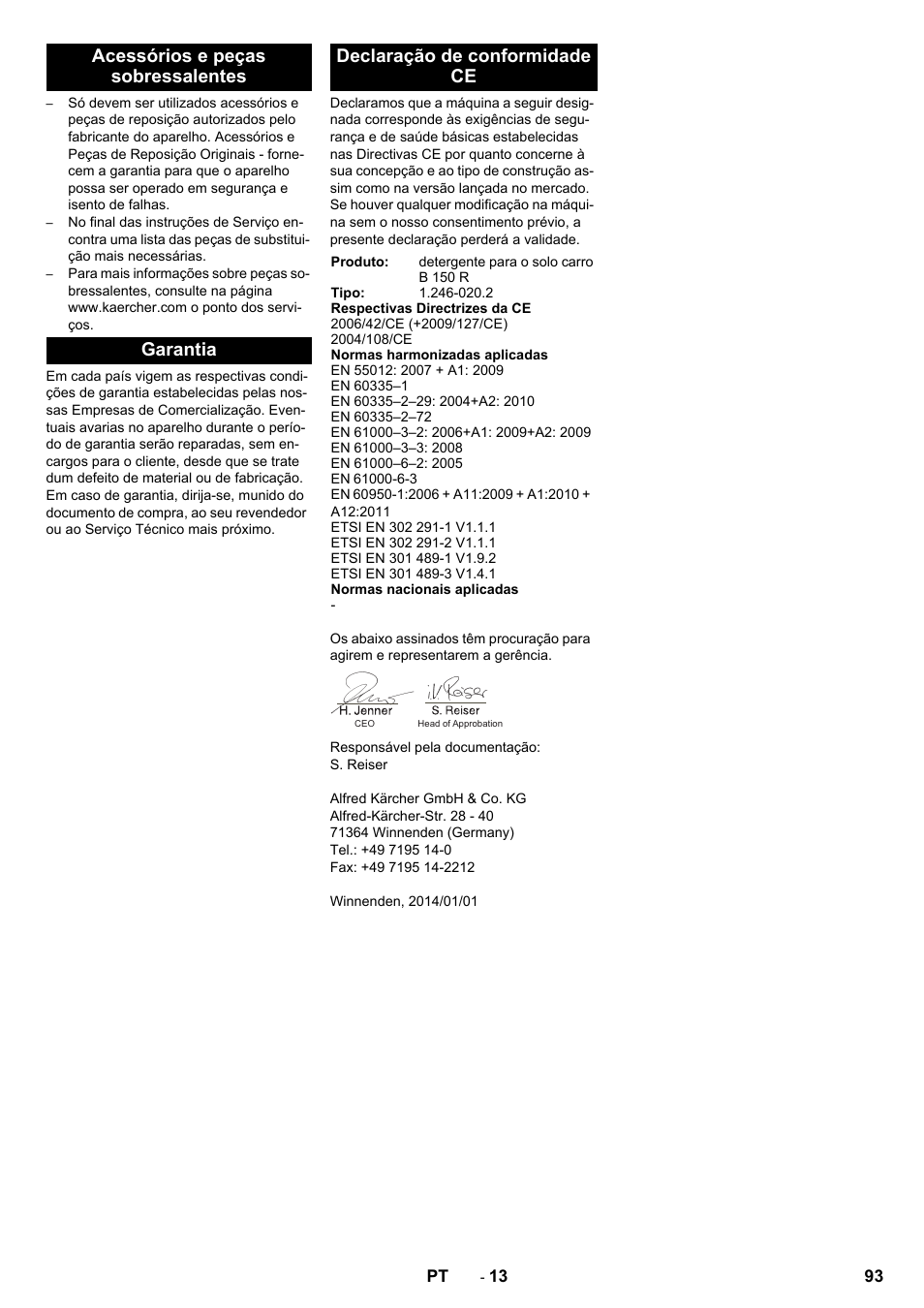 Acessórios e peças sobressalentes, Garantia, Declaração de conformidade ce | Karcher B 150 R Bp Dose User Manual | Page 93 / 376