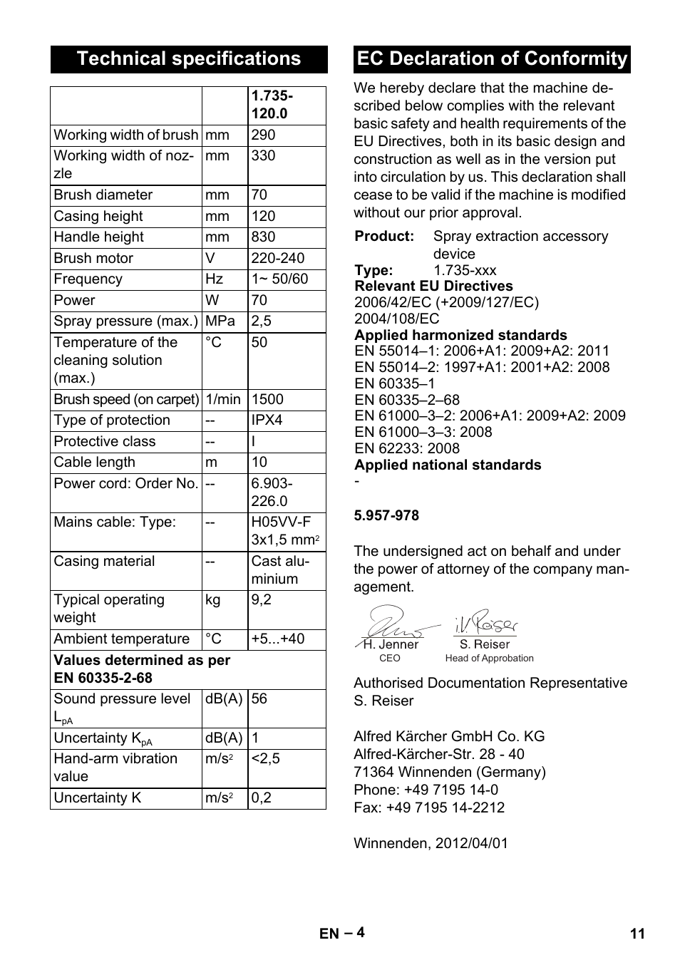 Technical specifications, Ec declaration of conformity | Karcher PW 20 User Manual | Page 11 / 132