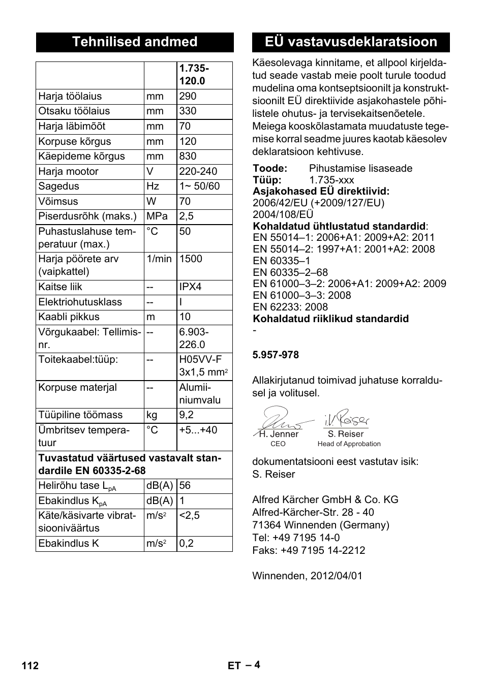 Tehnilised andmed, Eü vastavusdeklaratsioon | Karcher PW 20 User Manual | Page 112 / 132