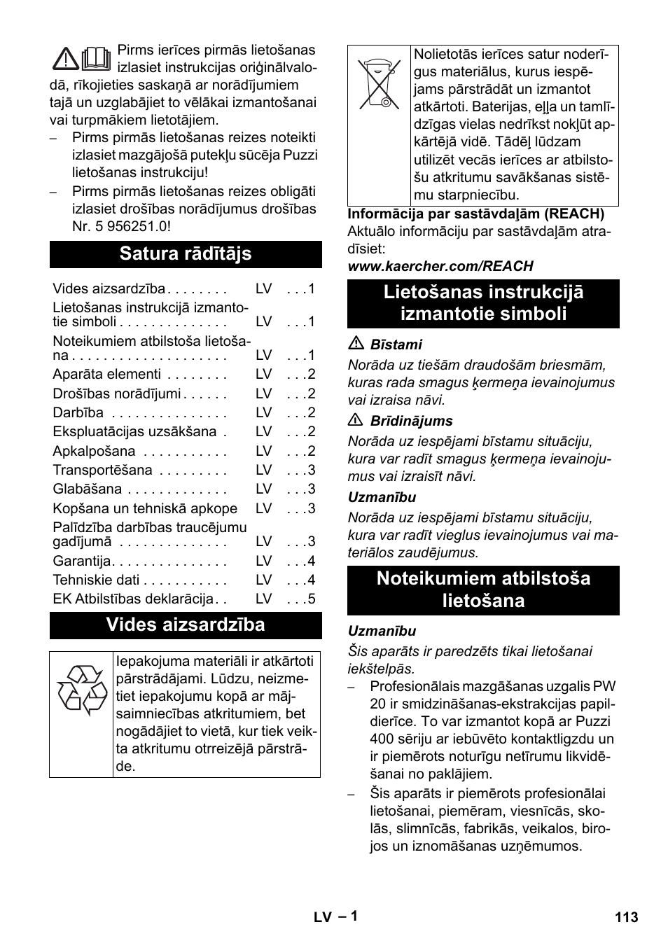 Latviešu, Satura rādītājs, Vides aizsardzība | Lietošanas instrukcijā izmantotie simboli, Noteikumiem atbilstoša lietošana | Karcher PW 20 User Manual | Page 113 / 132