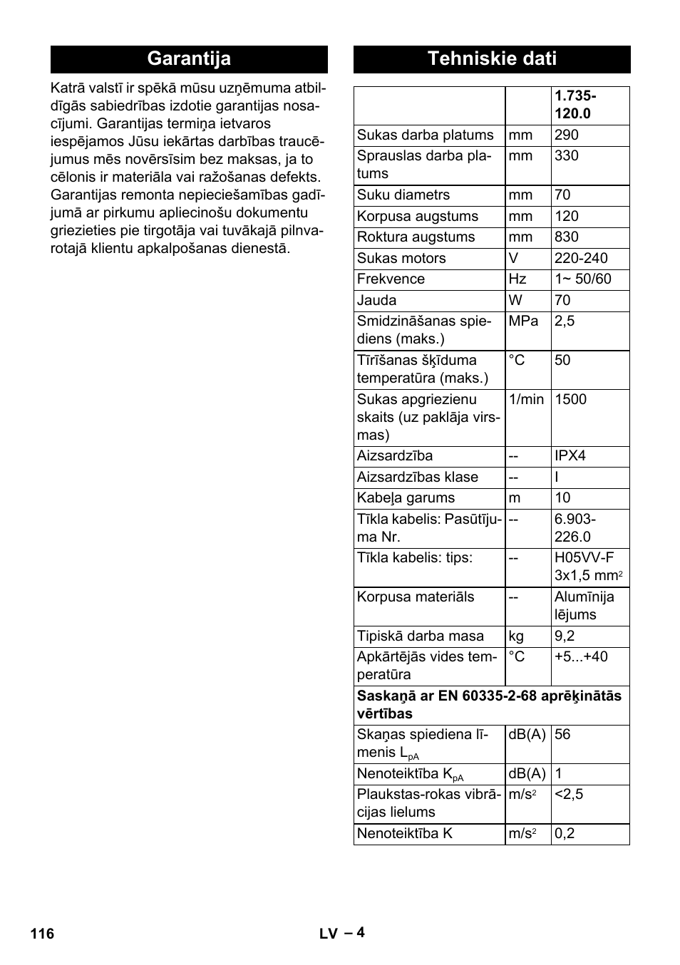 Garantija, Tehniskie dati, Garantija tehniskie dati | Karcher PW 20 User Manual | Page 116 / 132