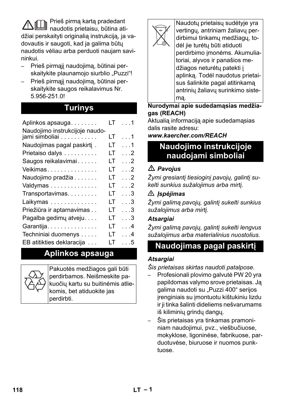 Lietuviškai, Turinys, Aplinkos apsauga | Naudojimo instrukcijoje naudojami simboliai, Naudojimas pagal paskirtį | Karcher PW 20 User Manual | Page 118 / 132