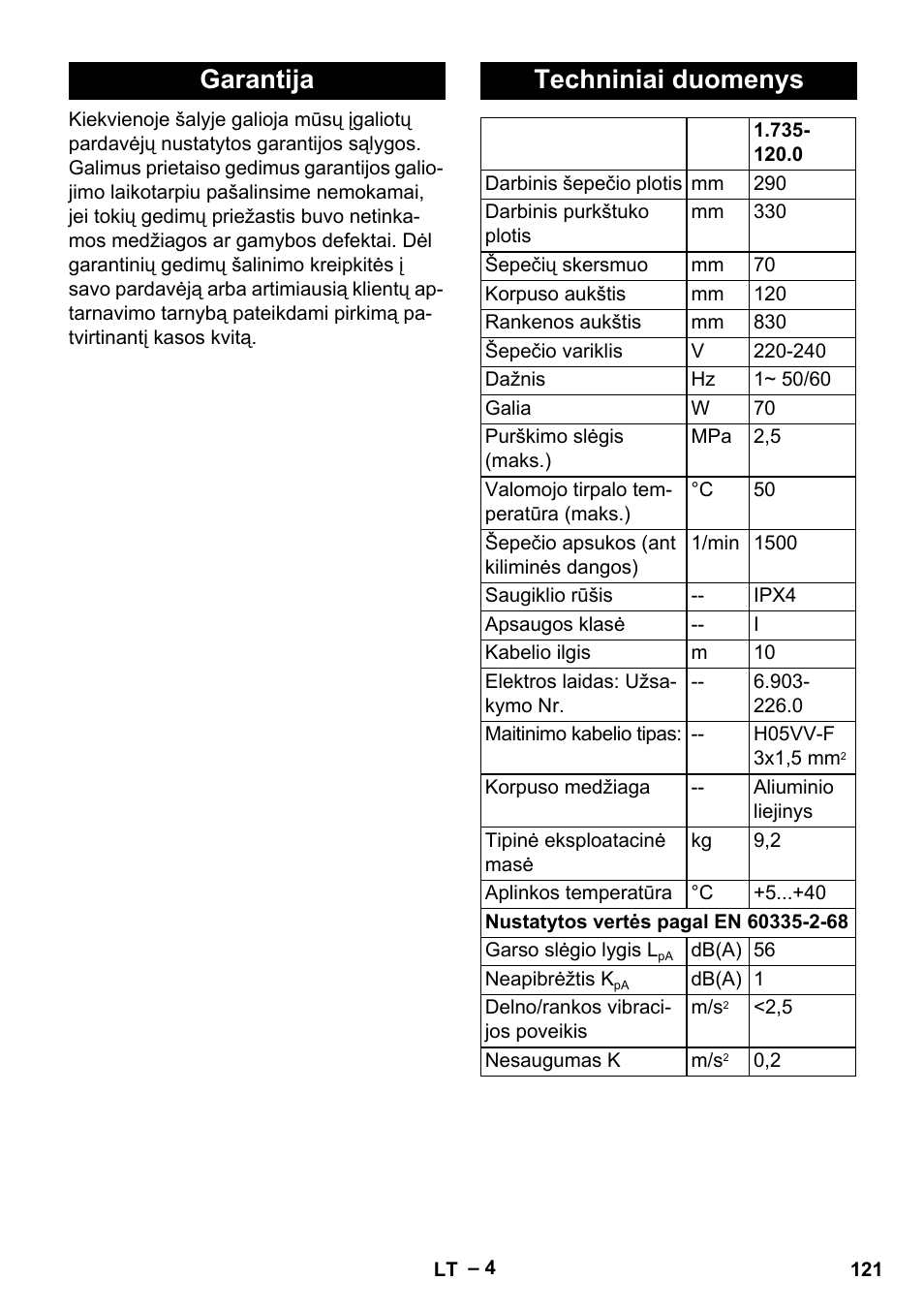 Garantija, Techniniai duomenys, Garantija techniniai duomenys | Karcher PW 20 User Manual | Page 121 / 132
