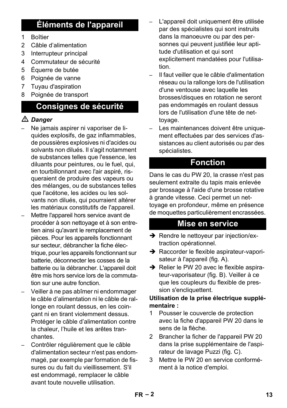 Éléments de l'appareil, Consignes de sécurité, Fonction | Mise en service | Karcher PW 20 User Manual | Page 13 / 132