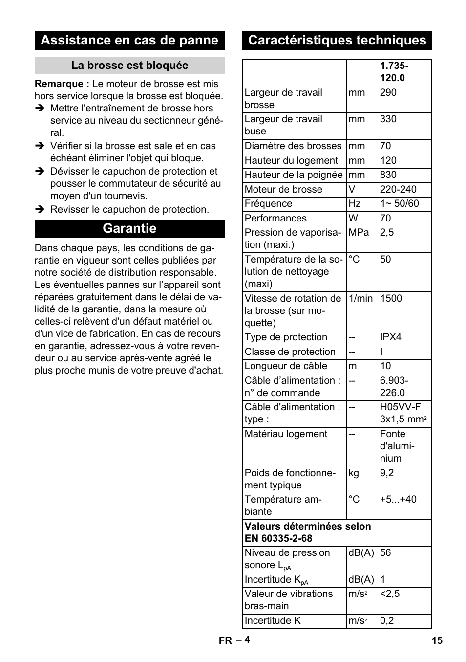 Assistance en cas de panne, La brosse est bloquée, Garantie | Caractéristiques techniques, Garantie caractéristiques techniques | Karcher PW 20 User Manual | Page 15 / 132