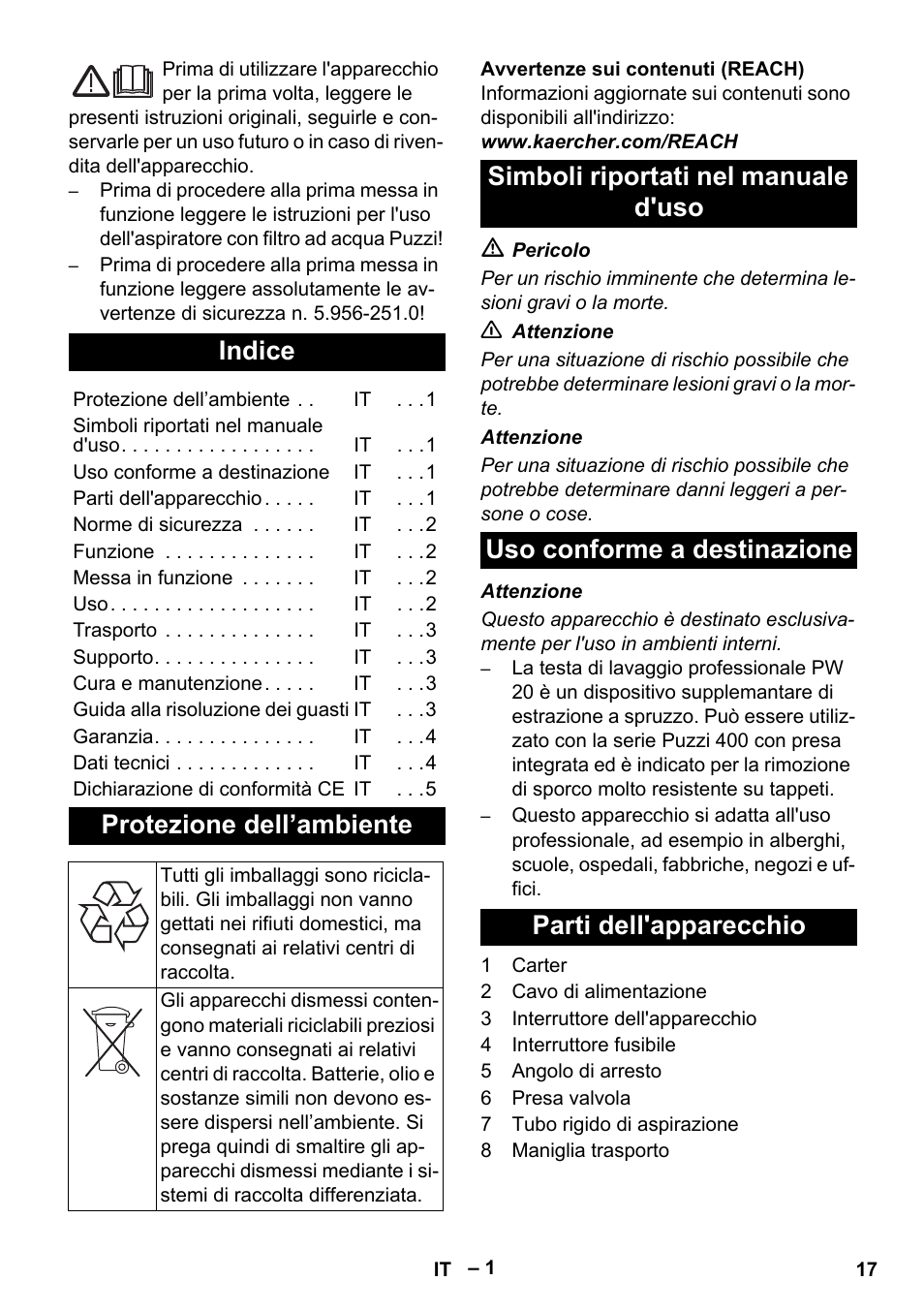 Italiano, Indice, Protezione dell’ambiente | Simboli riportati nel manuale d'uso, Uso conforme a destinazione, Parti dell'apparecchio | Karcher PW 20 User Manual | Page 17 / 132