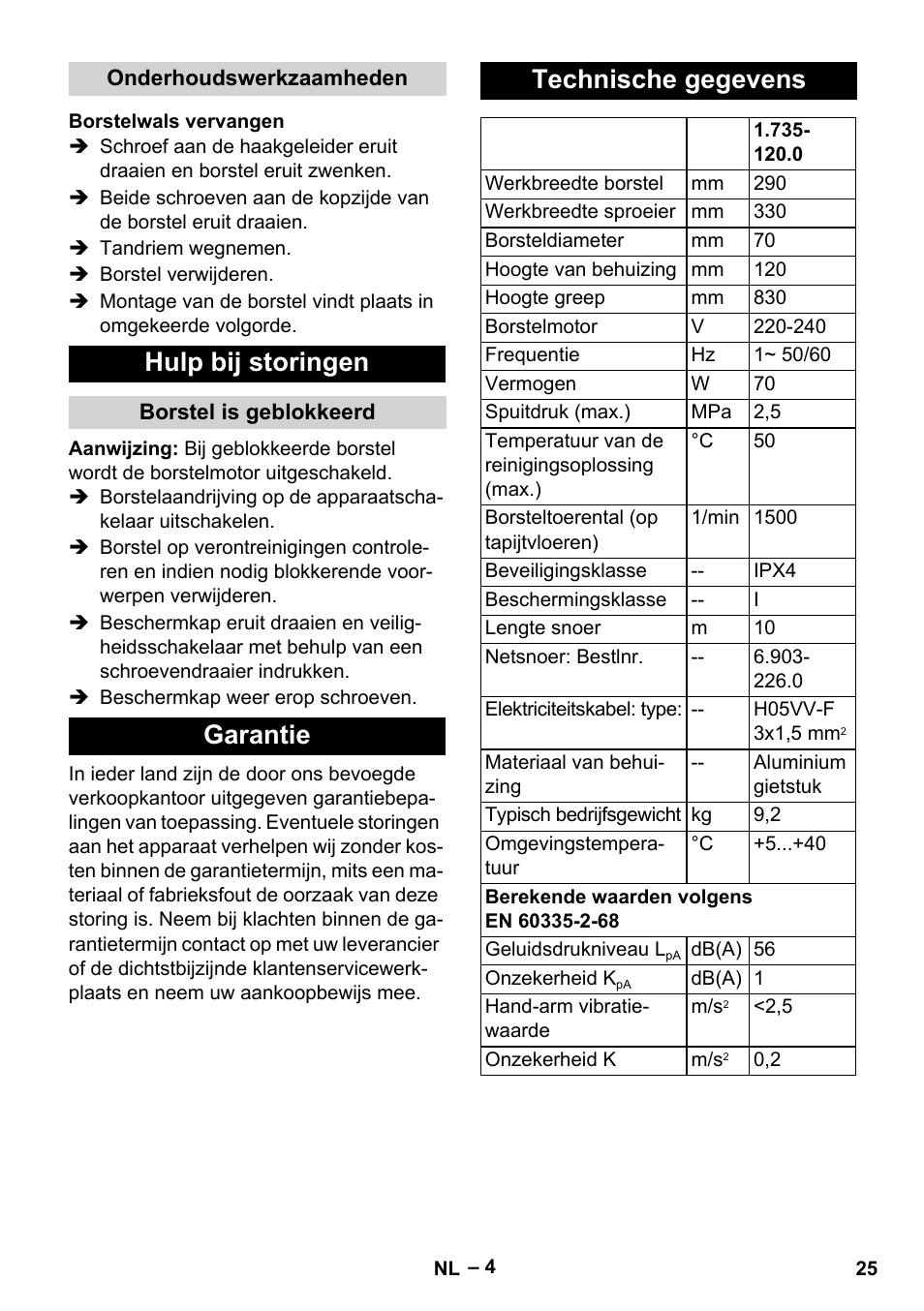 Onderhoudswerkzaamheden, Borstelwals vervangen, Hulp bij storingen | Borstel is geblokkeerd, Garantie, Technische gegevens, Garantie technische gegevens | Karcher PW 20 User Manual | Page 25 / 132