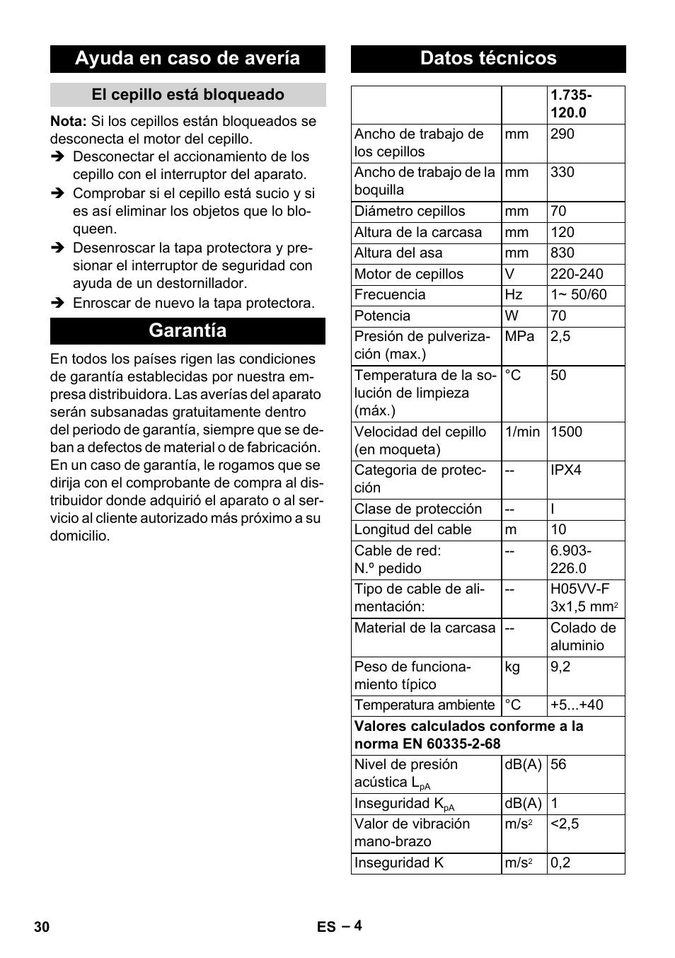 Ayuda en caso de avería, El cepillo está bloqueado, Garantía | Datos técnicos, Garantía datos técnicos | Karcher PW 20 User Manual | Page 30 / 132