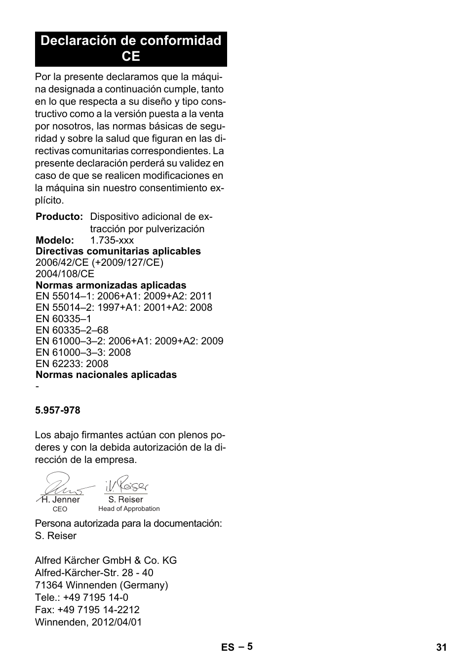 Declaración de conformidad ce | Karcher PW 20 User Manual | Page 31 / 132