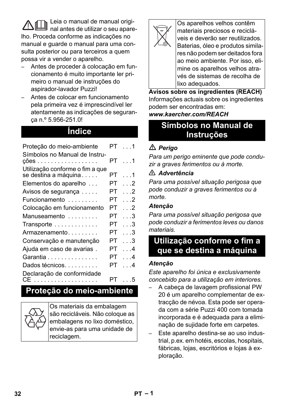 Português, Índice, Proteção do meio-ambiente | Símbolos no manual de instruções | Karcher PW 20 User Manual | Page 32 / 132