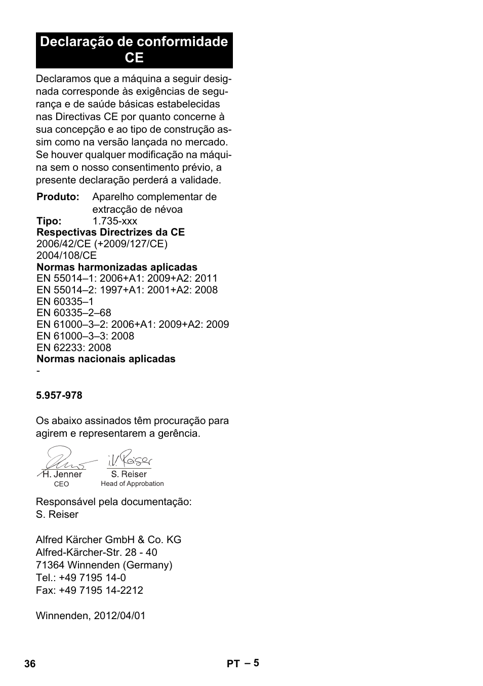 Declaração de conformidade ce | Karcher PW 20 User Manual | Page 36 / 132