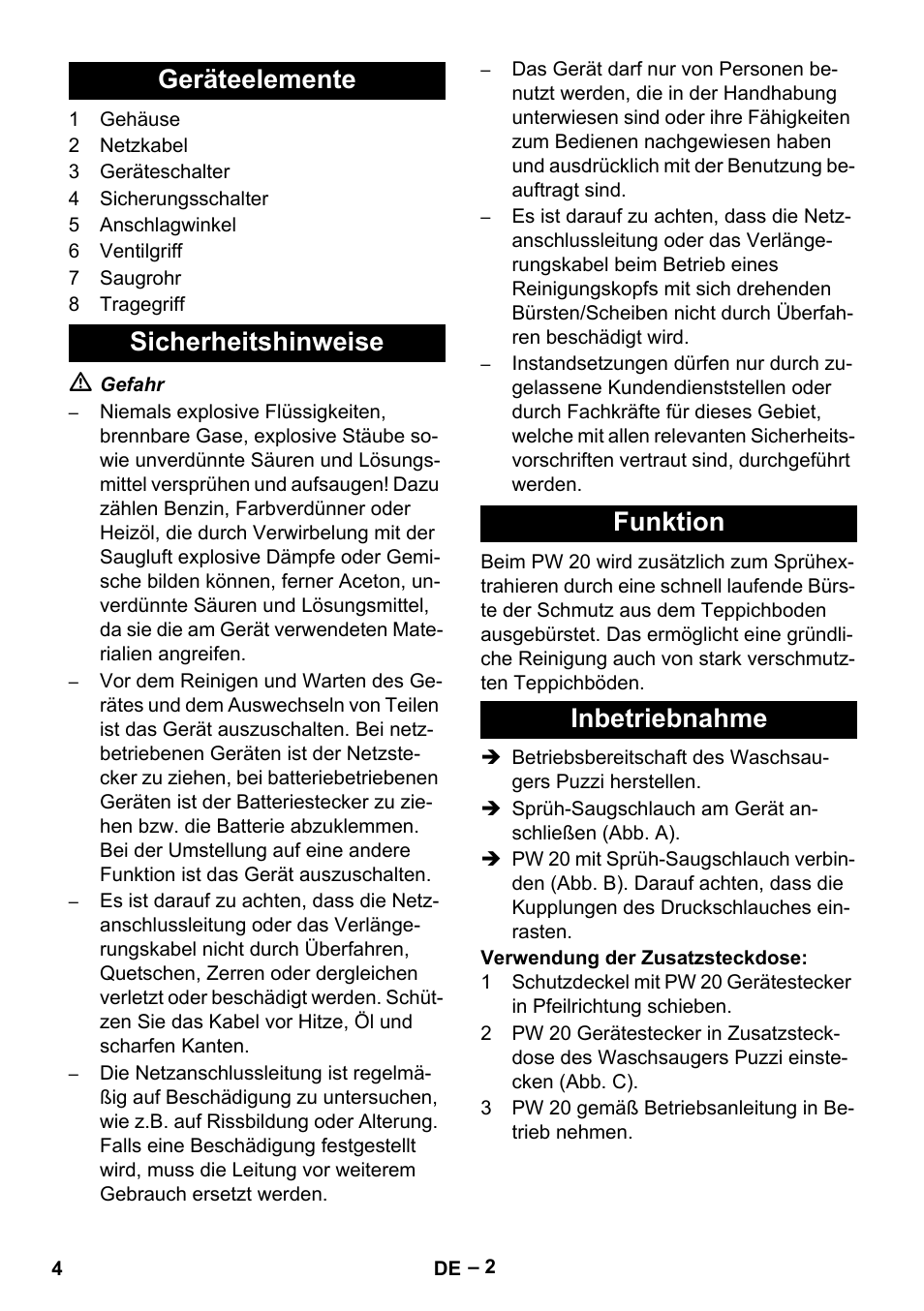 Geräteelemente, Sicherheitshinweise, Funktion | Inbetriebnahme | Karcher PW 20 User Manual | Page 4 / 132