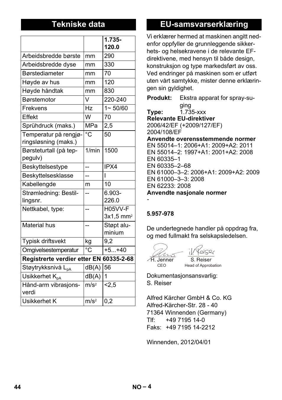 Tekniske data, Eu-samsvarserklæring | Karcher PW 20 User Manual | Page 44 / 132