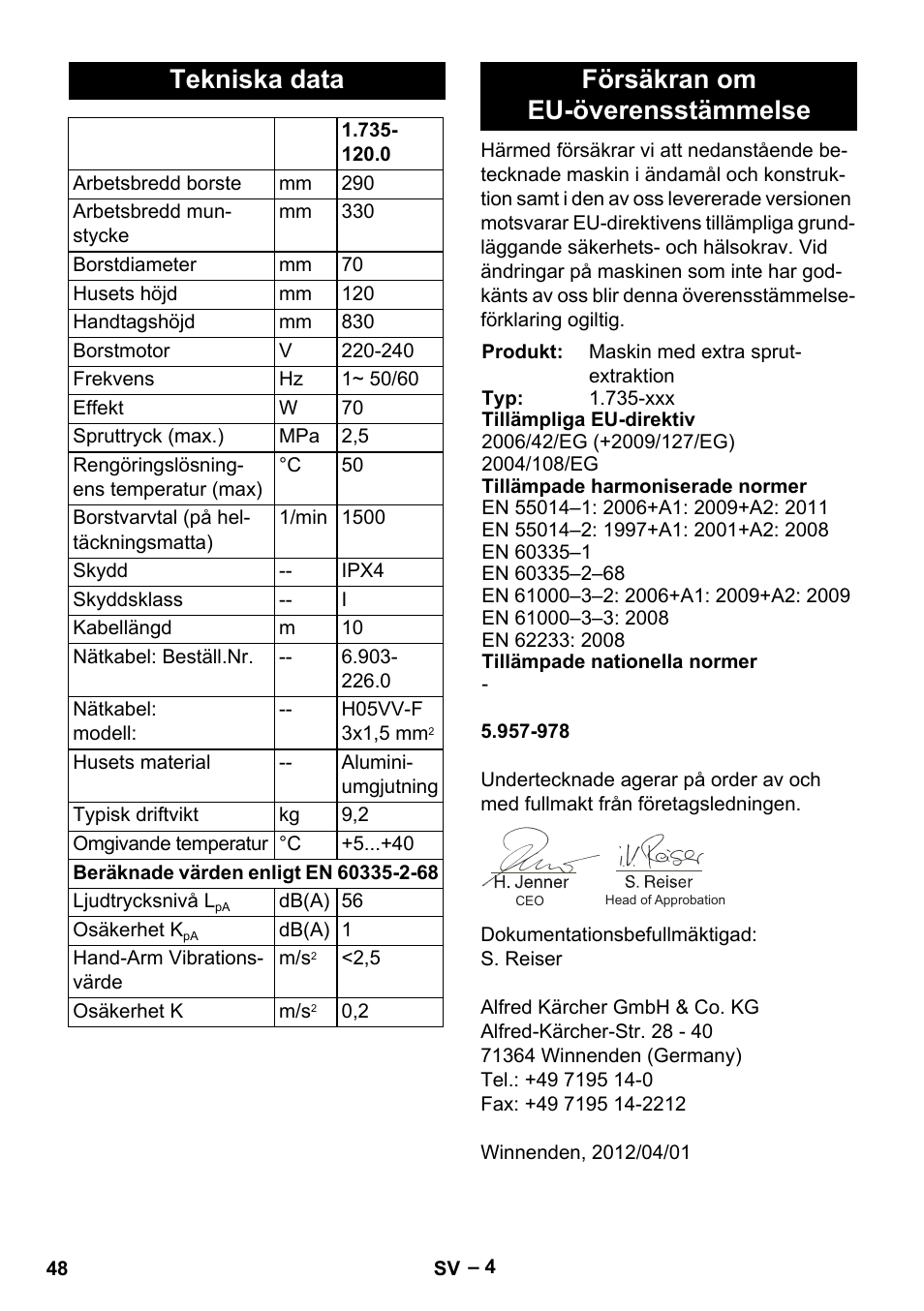 Tekniska data, Försäkran om eu-överensstämmelse | Karcher PW 20 User Manual | Page 48 / 132